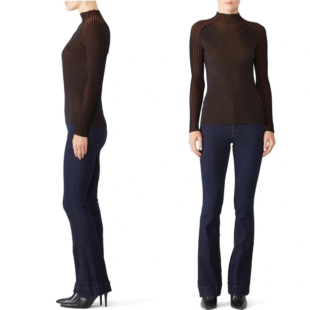 DREYDEN Wool Sweater‎ Contrast Stripe Rib Knit Lightweight Slim Fit Mockneck XL